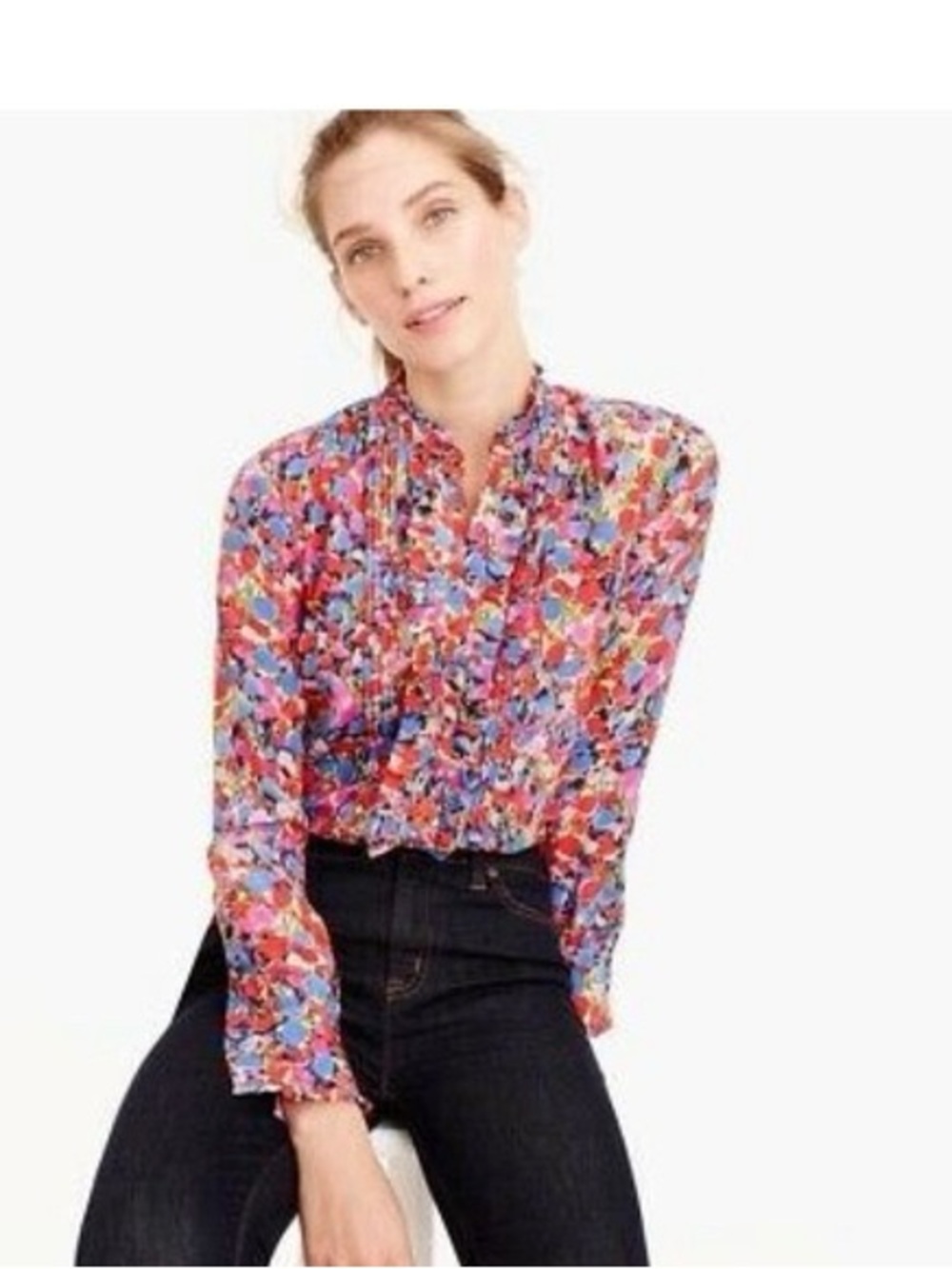 J. Crew Multicolor Floral Ruffle-Front Silk Long-Sleeve Blouse 8